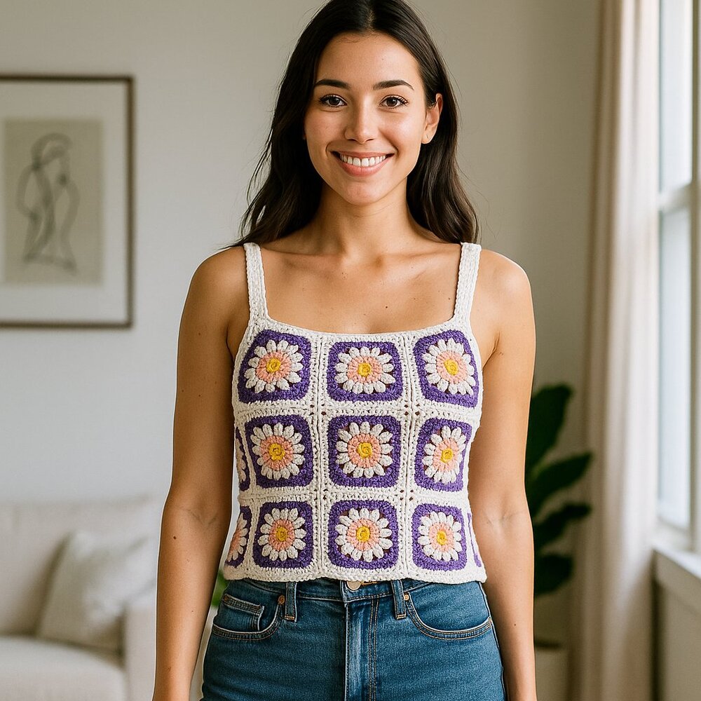 Women Granny Square Crochet Cropped Tank Top‎ Hippie Festival Boho Sexy One Size